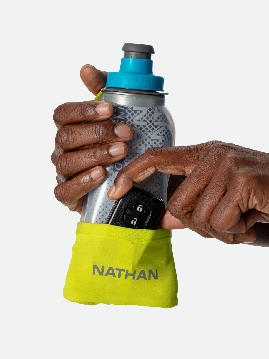 Quick Squeeze Lite 12oz Insulated Handheld by Nathan in grey and blue with yellow strap, lightweight, squeezable flask with adjustable hand strap and no-slip grip for hydration on the run