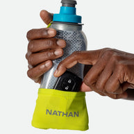Quick Squeeze Lite 12oz Insulated Handheld by Nathan in grey and blue with yellow strap, lightweight, squeezable flask with adjustable hand strap and no-slip grip for hydration on the run
