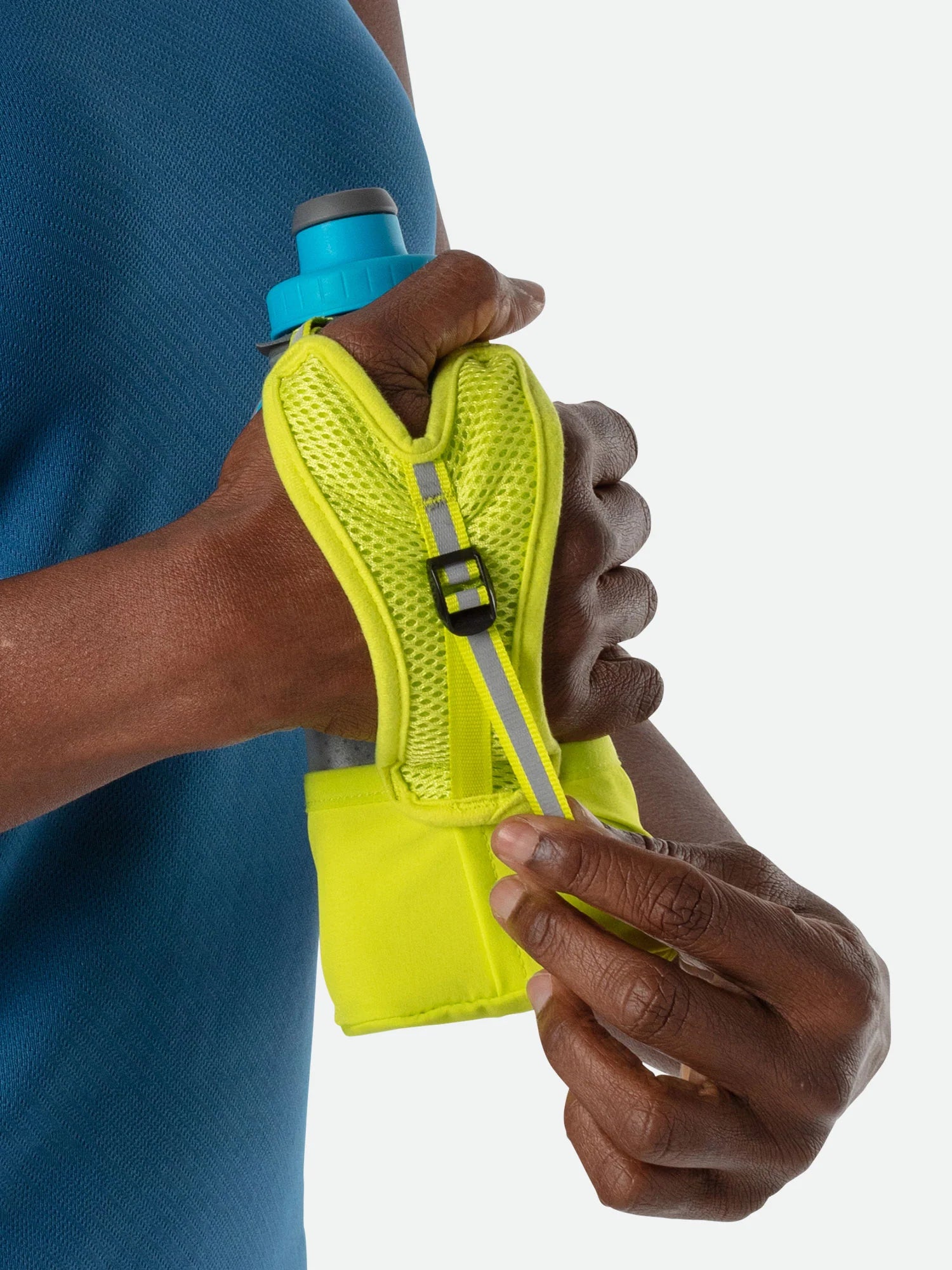 Quick Squeeze Lite 12oz Insulated Handheld by Nathan in neon yellow with adjustable strap and no-slip insert for easy grip and hydration
