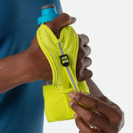 Quick Squeeze Lite 12oz Insulated Handheld by Nathan in neon yellow with adjustable strap and no-slip insert for easy grip and hydration