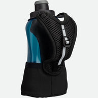 Quick Squeeze Lite 12oz Handheld by Nathan in blue and black, lightweight flask with adjustable hand strap and no-slip insert for running hydration.