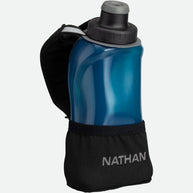 Quick Squeeze Lite 12oz Handheld by Nathan in blue with black strap, lightweight hydration flask with adjustable strap and no-slip grip for running.