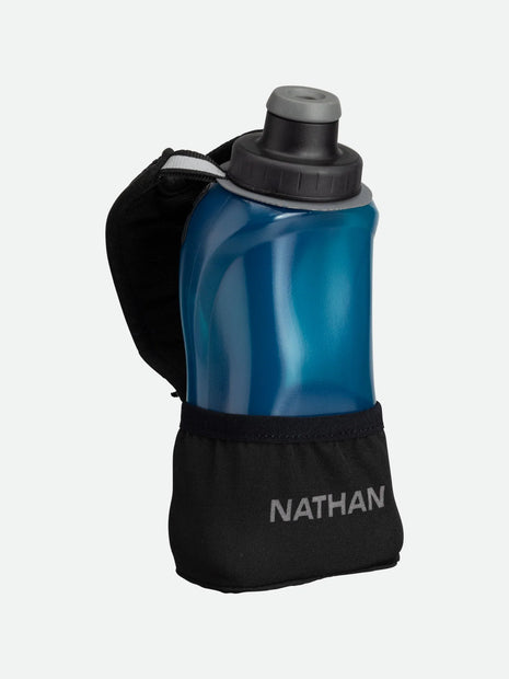 Quick Squeeze Lite 12oz Handheld by Nathan in blue with black strap, lightweight hydration flask with adjustable strap and no-slip grip for running.
