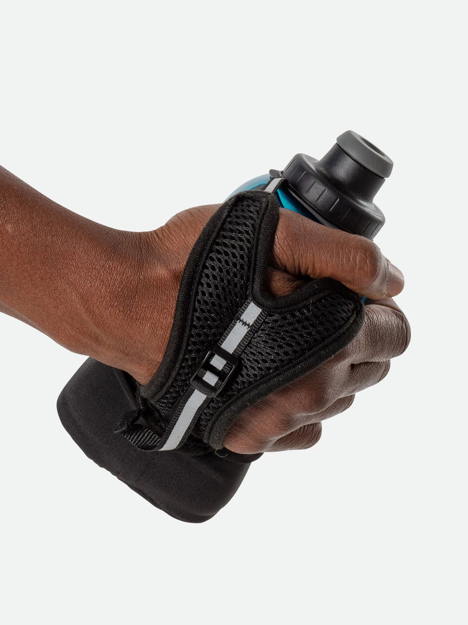 Quick Squeeze Lite 12oz Handheld by Nathan in black with mesh hand strap, lightweight flask with no-slip insert for easy grip and hydration during running