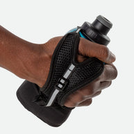Quick Squeeze Lite 12oz Handheld by Nathan in black with mesh hand strap, lightweight flask with no-slip insert for easy grip and hydration during running