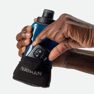 Quick Squeeze Lite 12oz Handheld by Nathan in blue with black strap, lightweight hydration flask with adjustable no-slip grip ideal for running