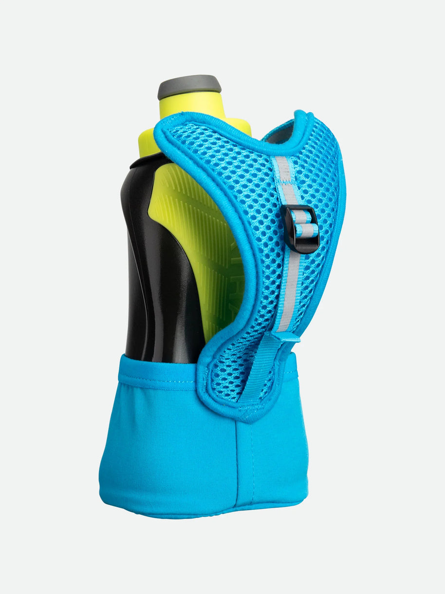 Quick Squeeze Lite 12oz Handheld by Nathan in black and neon yellow with blue strap, lightweight squeeze flask for running hydration accessories