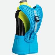 Quick Squeeze Lite 12oz Handheld by Nathan in black and neon yellow with blue strap, lightweight squeeze flask for running hydration accessories