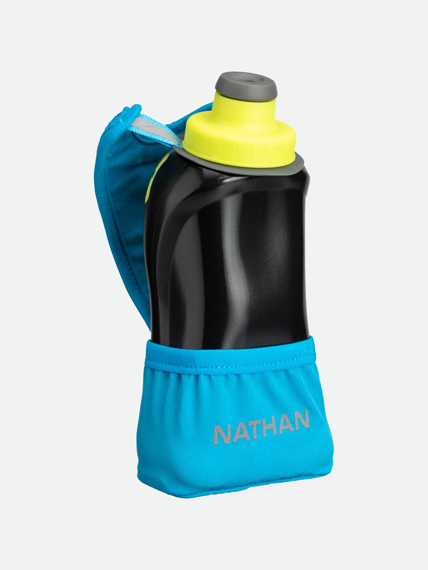 Quick Squeeze Lite 12oz Handheld by Nathan in black and neon yellow with blue adjustable strap, lightweight hydration flask for running and outdoor use