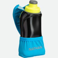 Quick Squeeze Lite 12oz Handheld by Nathan in black and neon yellow with blue adjustable strap, lightweight hydration flask for running and outdoor use