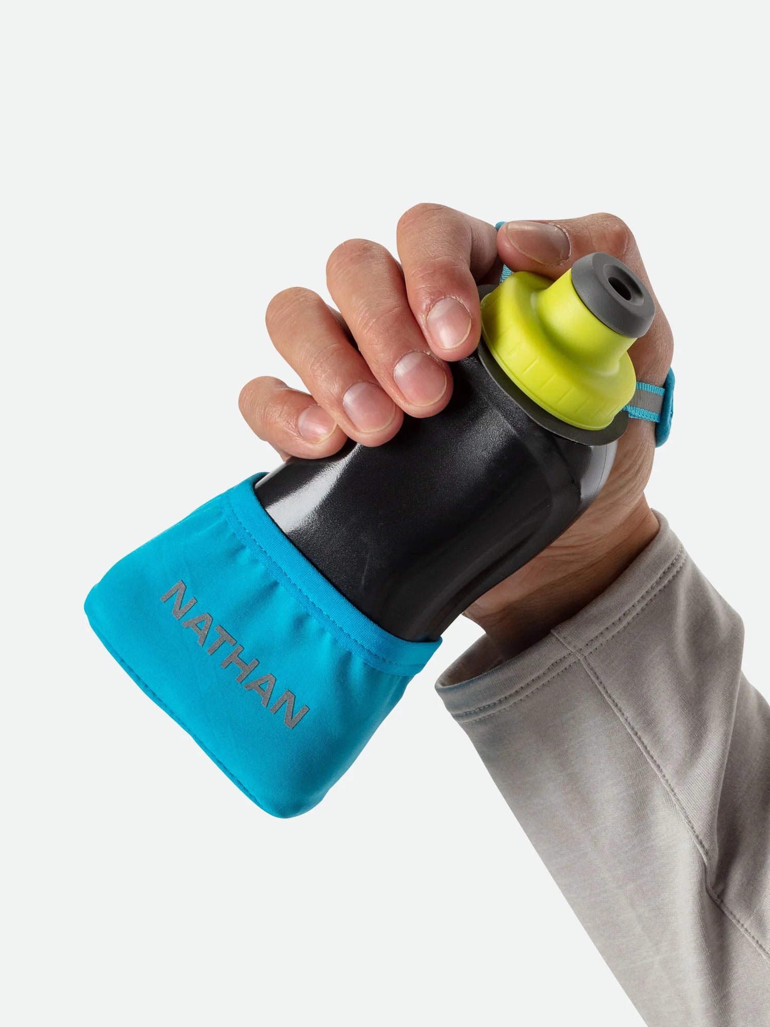 Quick Squeeze Lite 12oz Handheld by Nathan in black and blue with lime cap, lightweight, adjustable strap, no-slip insert for secure hydration during running