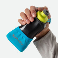 Quick Squeeze Lite 12oz Handheld by Nathan in black and blue with lime cap, lightweight, adjustable strap, no-slip insert for secure hydration during running