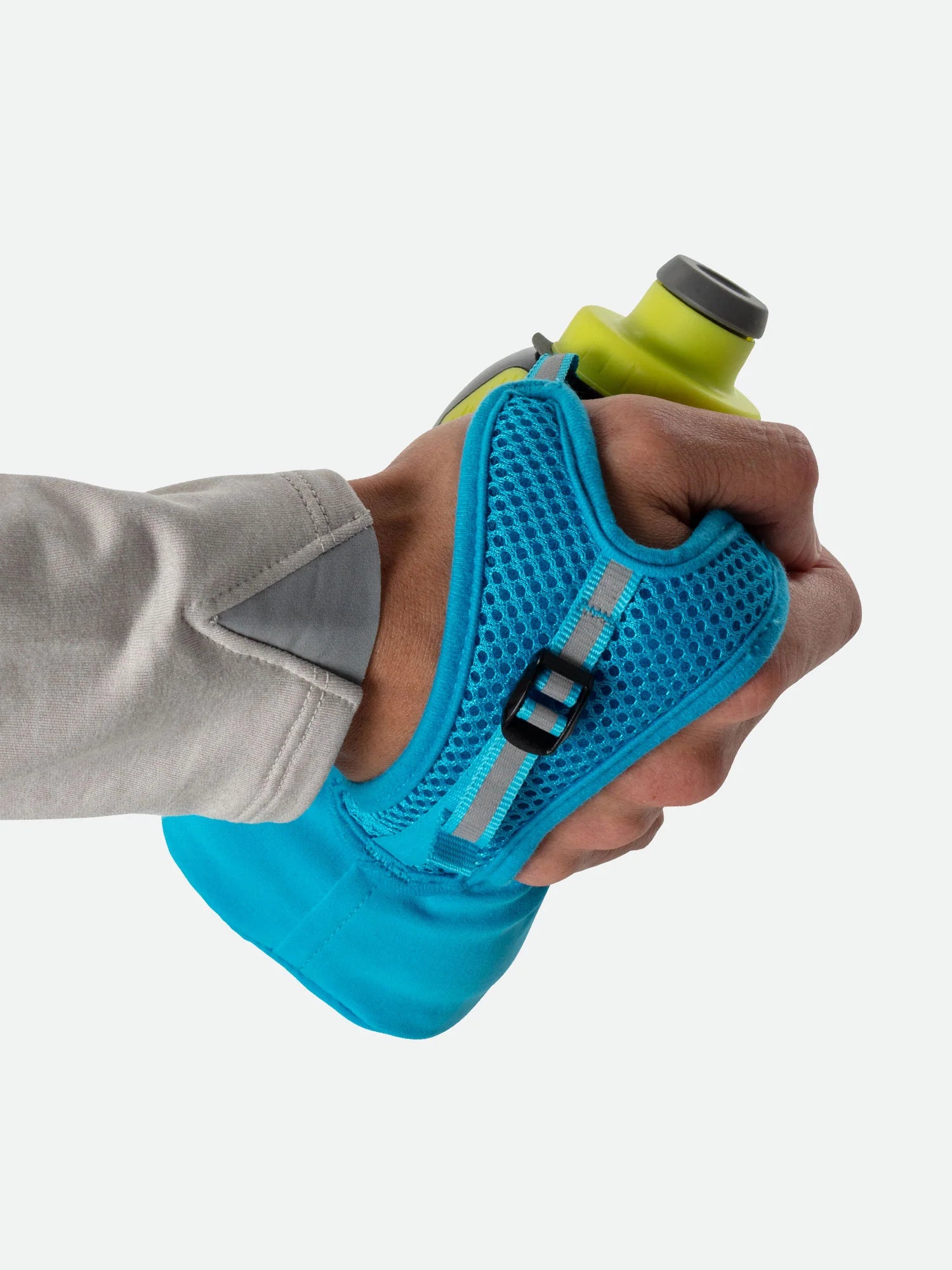 Quick Squeeze Lite 12oz Handheld by Nathan in blue and lime green, lightweight flask with adjustable strap and no-slip insert for running hydration