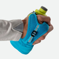 Quick Squeeze Lite 12oz Handheld by Nathan in blue and lime green, lightweight flask with adjustable strap and no-slip insert for running hydration