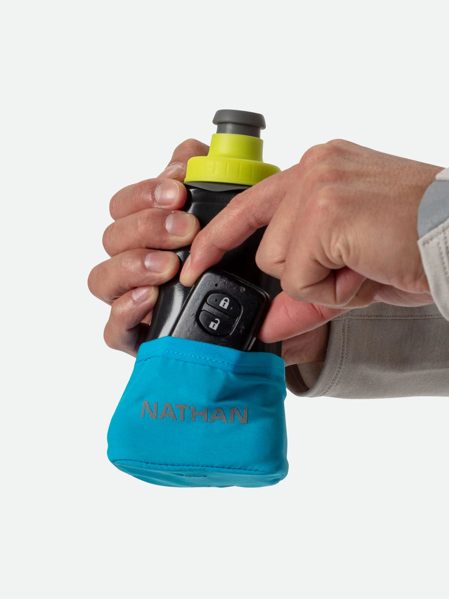 Quick Squeeze Lite 12oz Handheld by Nathan in black and blue, lightweight hydration flask with adjustable strap and no-slip grip for running and outdoor use