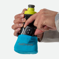 Quick Squeeze Lite 12oz Handheld by Nathan in black and blue, lightweight hydration flask with adjustable strap and no-slip grip for running and outdoor use