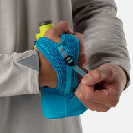 Quick Squeeze Lite 12oz Handheld by Nathan in lime green and blue with adjustable strap, lightweight grip, no-slip insert for running hydration
