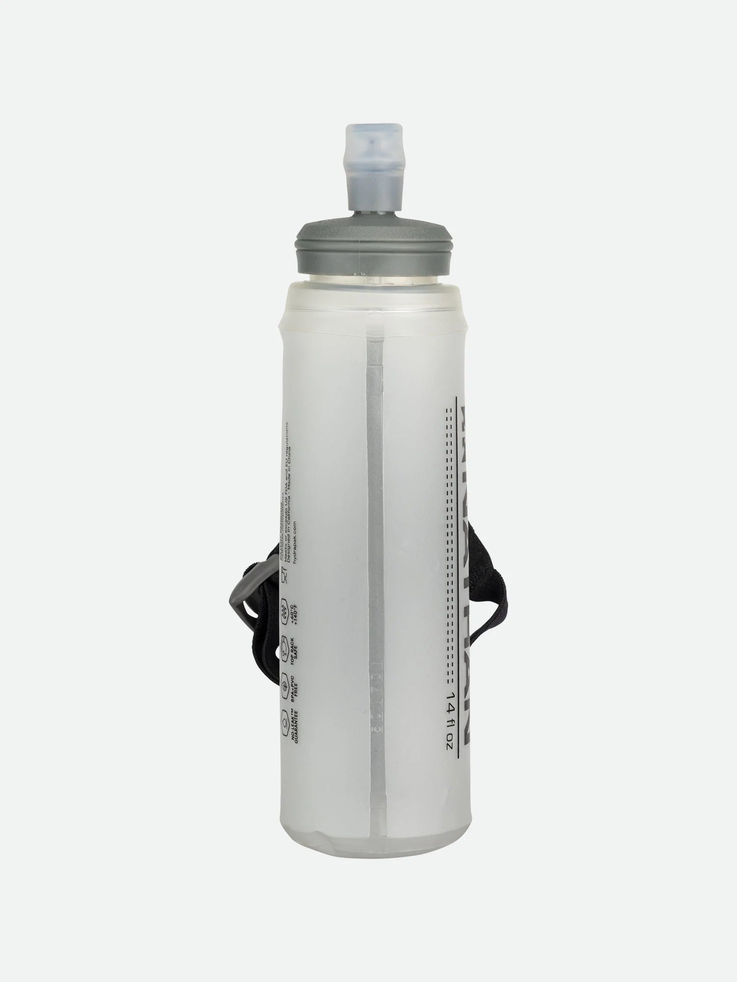 ExoShot Lite 14oz Handheld by Nathan in translucent grey with integrated hand strap and rigid ExoSpine for running efficiency