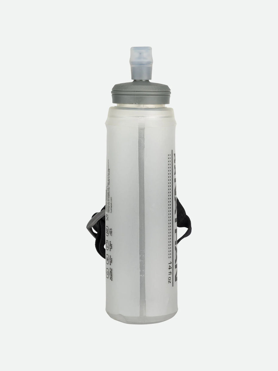 ExoShot Lite 14oz Handheld by Nathan in translucent grey with integrated hand strap and rigid ExoSpine for running efficiency