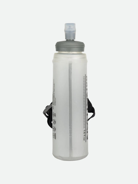 ExoShot Lite 14oz Handheld by Nathan in translucent grey with integrated hand strap and rigid ExoSpine for running efficiency