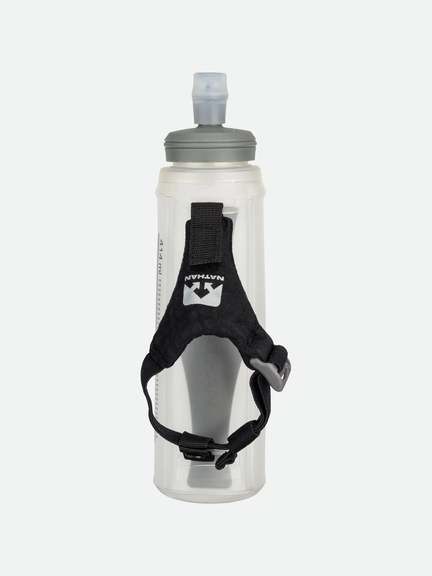 ExoShot Lite 14oz Handheld by Nathan in clear with grey cap, soft flask with integrated hand strap and rigid ExoSpine for comfort and efficiency