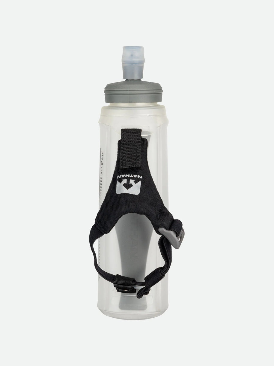 ExoShot Lite 14oz Handheld by Nathan in clear with grey cap, soft flask with integrated hand strap and rigid ExoSpine for comfort and efficiency