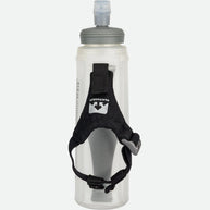 ExoShot Lite 14oz Handheld by Nathan in clear with grey cap, soft flask with integrated hand strap and rigid ExoSpine for comfort and efficiency