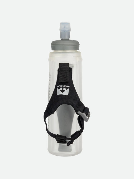 ExoShot Lite 14oz Handheld by Nathan in clear with grey cap, soft flask with integrated hand strap and rigid ExoSpine for comfort and efficiency