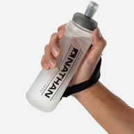 ExoShot Lite 14oz Handheld by Nathan in translucent white with black strap, soft flask with integrated hand strap and rigid ExoSpine for running