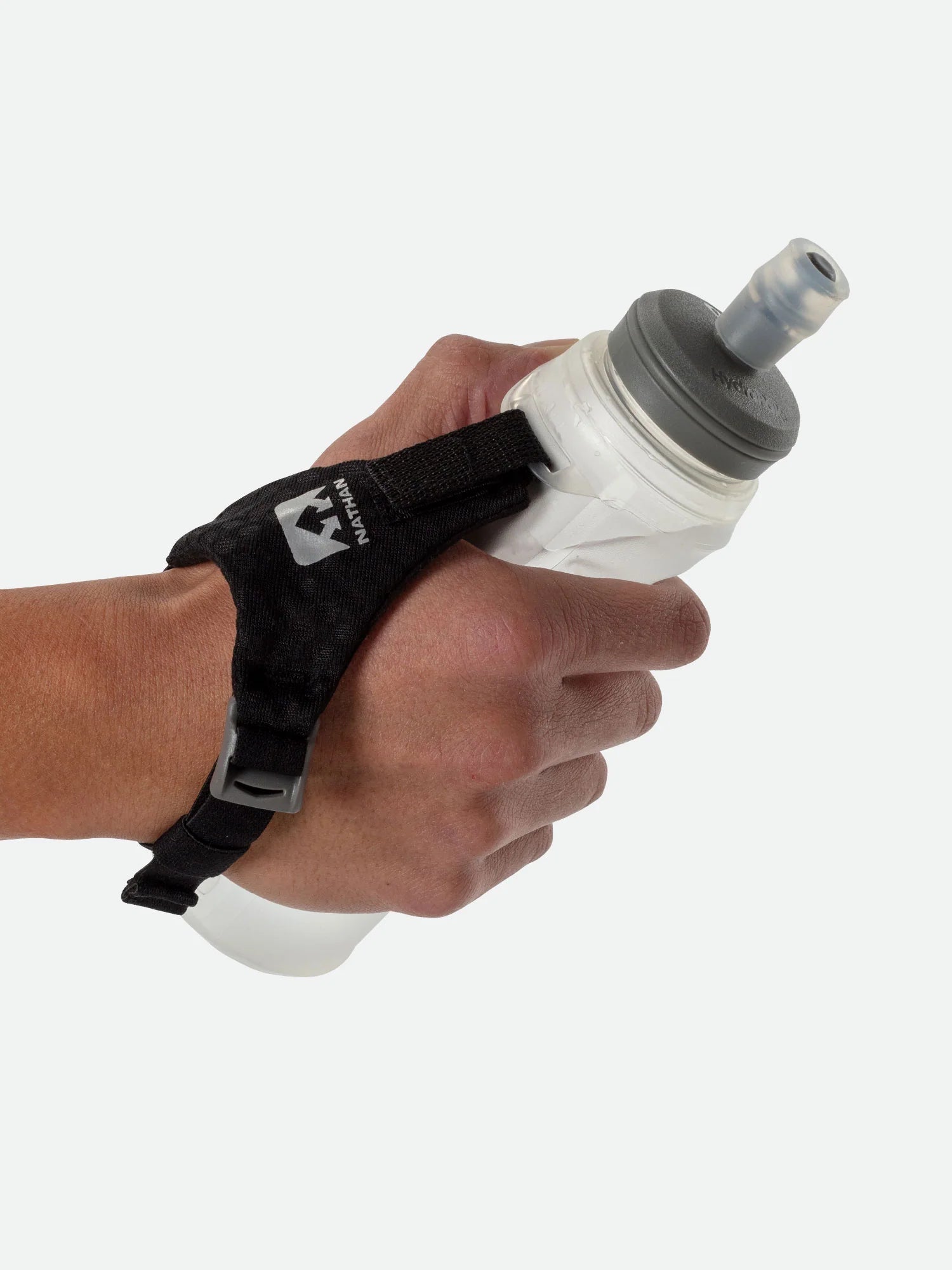 ExoShot Lite 14oz Handheld by Nathan in white and gray with integrated hand strap and rigid ExoSpine for running efficiency and comfort