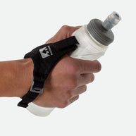 ExoShot Lite 14oz Handheld by Nathan in white and gray with integrated hand strap and rigid ExoSpine for running efficiency and comfort