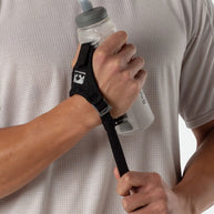 ExoShot Lite 14oz Handheld by Nathan in translucent grey with black strap, lightweight soft flask with rigid ExoSpine for comfort and running efficiency