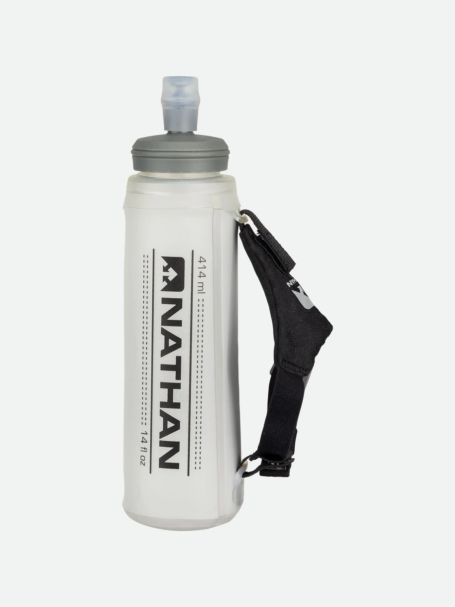 ExoShot Lite 14oz Handheld by Nathan in white with gray cap, featuring integrated hand strap and rigid ExoSpine for running efficiency
