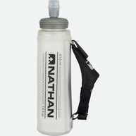ExoShot Lite 14oz Handheld by Nathan in white with gray cap, featuring integrated hand strap and rigid ExoSpine for running efficiency