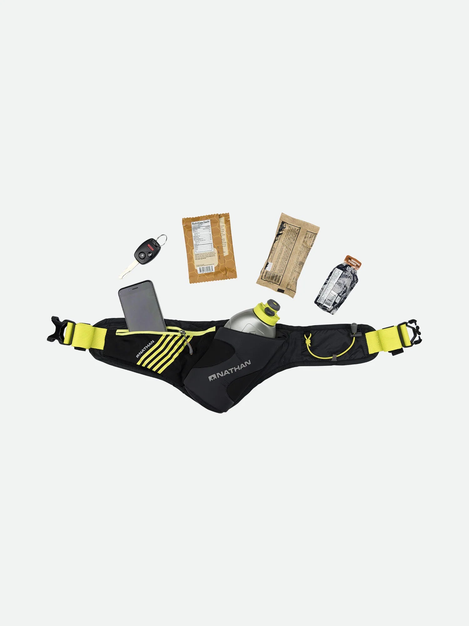 Peak Waist Pack by Nathan in black and yellow featuring angled insulated bottle holder and lightweight design for running and outdoor use