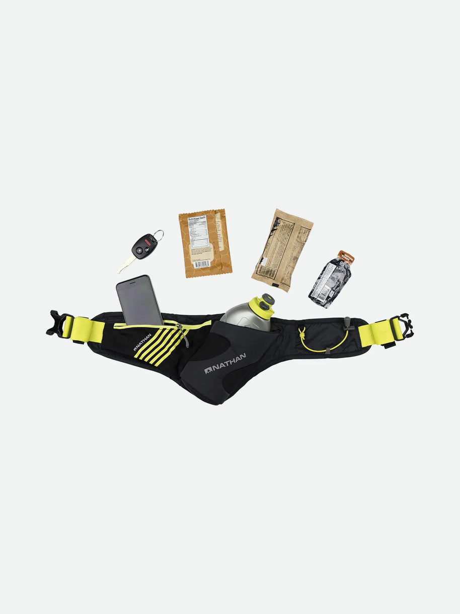 Peak Waist Pack by Nathan in black and yellow featuring angled insulated bottle holder and lightweight design for running and outdoor use