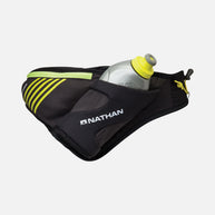 Peak Waist Pack by Nathan in black and yellow with angled insulated SpeedDraw Flask holder, lightweight for running hydration and storage