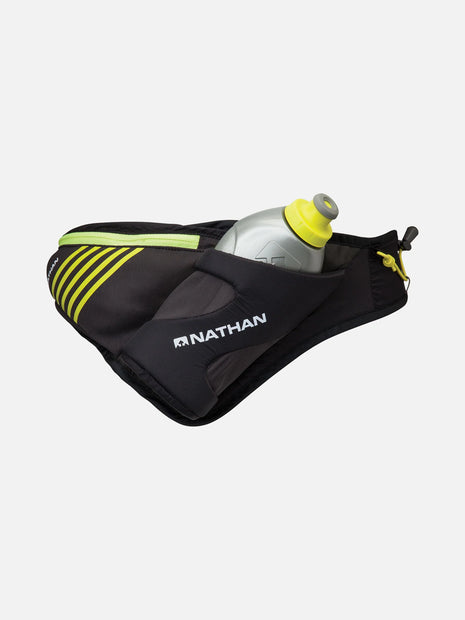 Peak Waist Pack by Nathan in black and yellow with angled insulated SpeedDraw Flask holder, lightweight for running hydration and storage