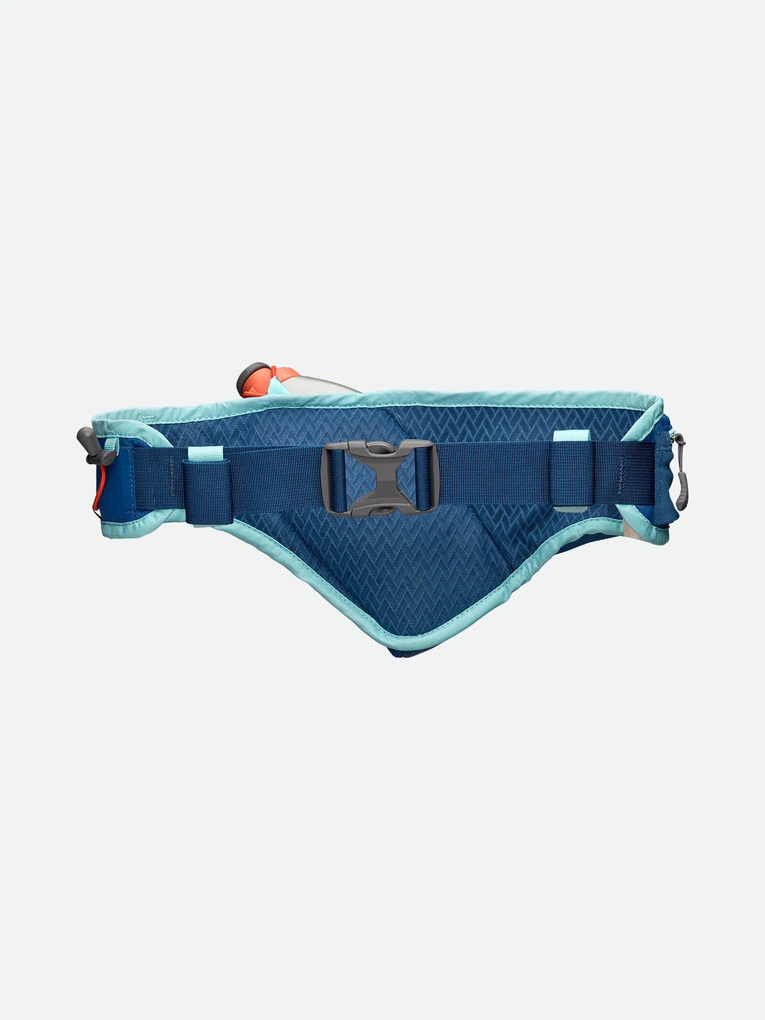 Peak Waist Pack by Nathan in navy and light blue with angled insulated bottle holder for lightweight running and outdoor hydration storage
