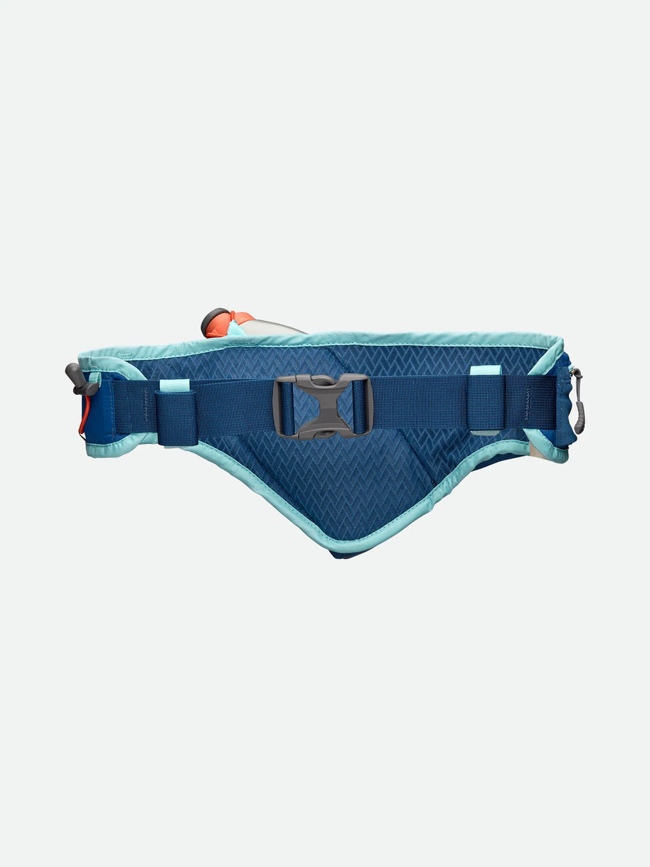 Peak Waist Pack by Nathan in navy and light blue with angled insulated bottle holder for lightweight running and outdoor hydration storage