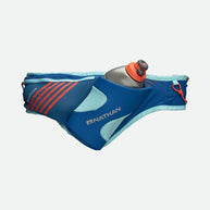 Peak Waist Pack by Nathan in blue with light blue accents, lightweight waist pack with angled insulated bottle holder for running and outdoor use