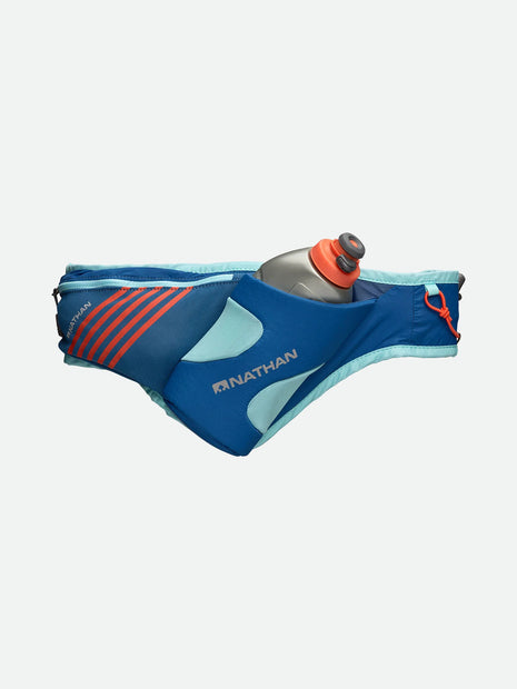 Peak Waist Pack by Nathan in blue with light blue accents, lightweight waist pack with angled insulated bottle holder for running and outdoor use