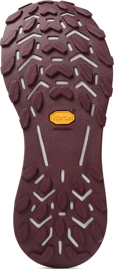 Maroon lugged Vibram outsole with white tread lines on an NNormal Cadi women's trail running shoe