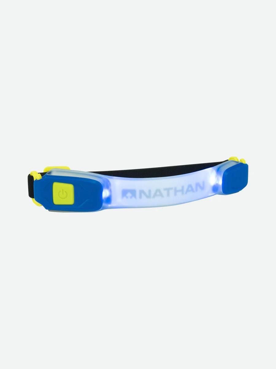 Lightbender RX Lighted Armband by Nathan in blue and yellow with 6-lumen LED, multi-color modes for running safety and visibility