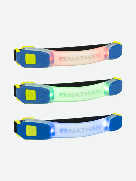 Lightbender RX Lighted Armband by Nathan showing red, green, blue LED options with 6-lumen safety light for running outdoors