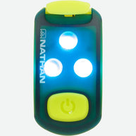 StrobeLight LED Safety Light Clip by Nathan in blue and yellow, lightweight LED clip-on safety light for running visibility and outdoor use