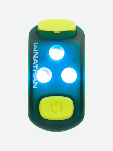 StrobeLight LED Safety Light Clip by Nathan in blue and yellow, lightweight LED clip-on safety light for running visibility and outdoor use