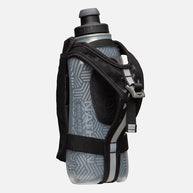 Speed Draw 2 18oz Insulted Flask by Nathan in grey and black, handheld insulated flask with mesh pocket and easy-squeeze design ideal for running