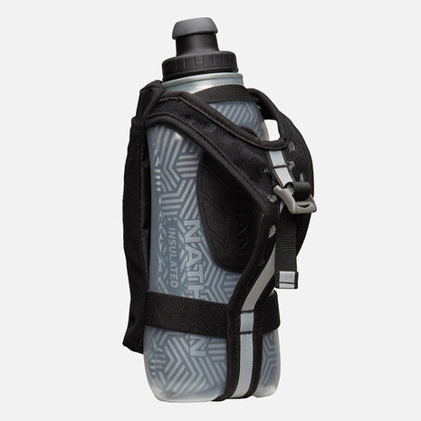 Speed Draw 2 18oz Insulted Flask by Nathan in grey and black, handheld insulated flask with mesh pocket and easy-squeeze design ideal for running