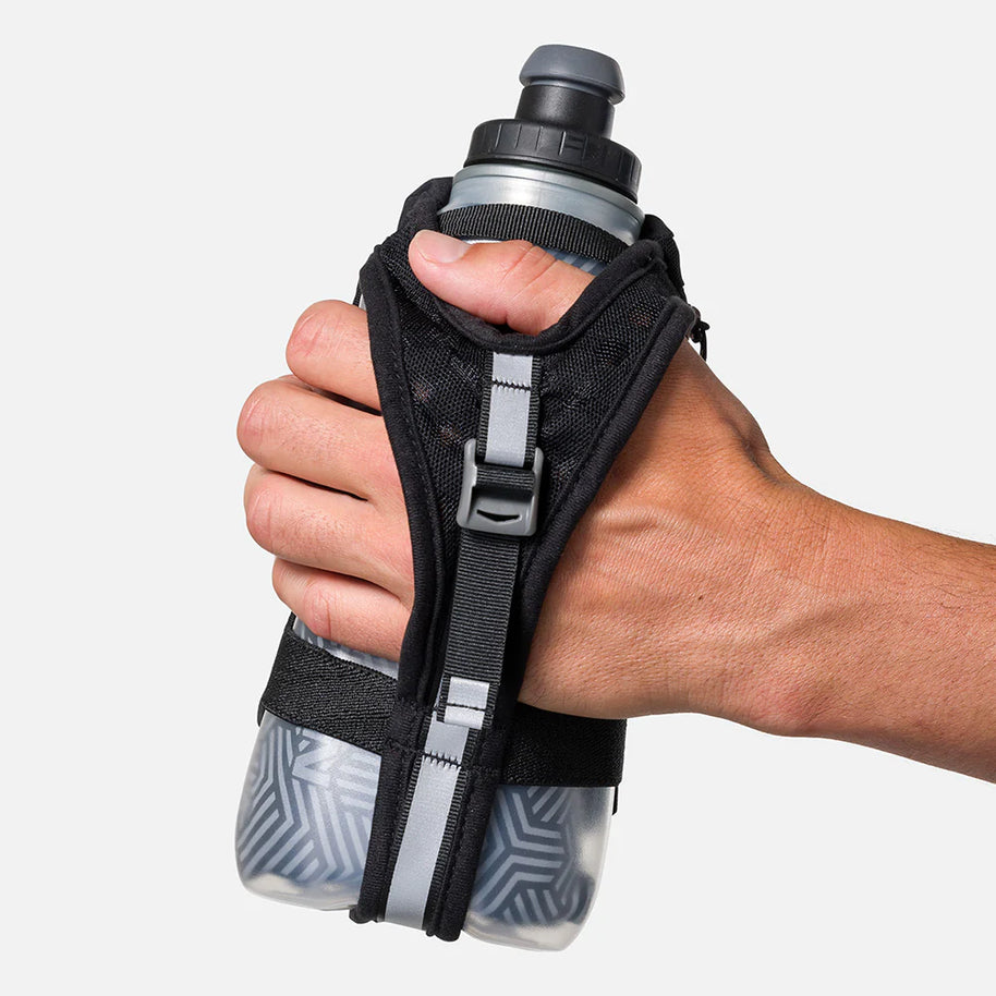 Speed Draw 2 18oz Insulted Flask by Nathan in grey and black, insulated handheld flask with easy-grip design and mesh pocket for running